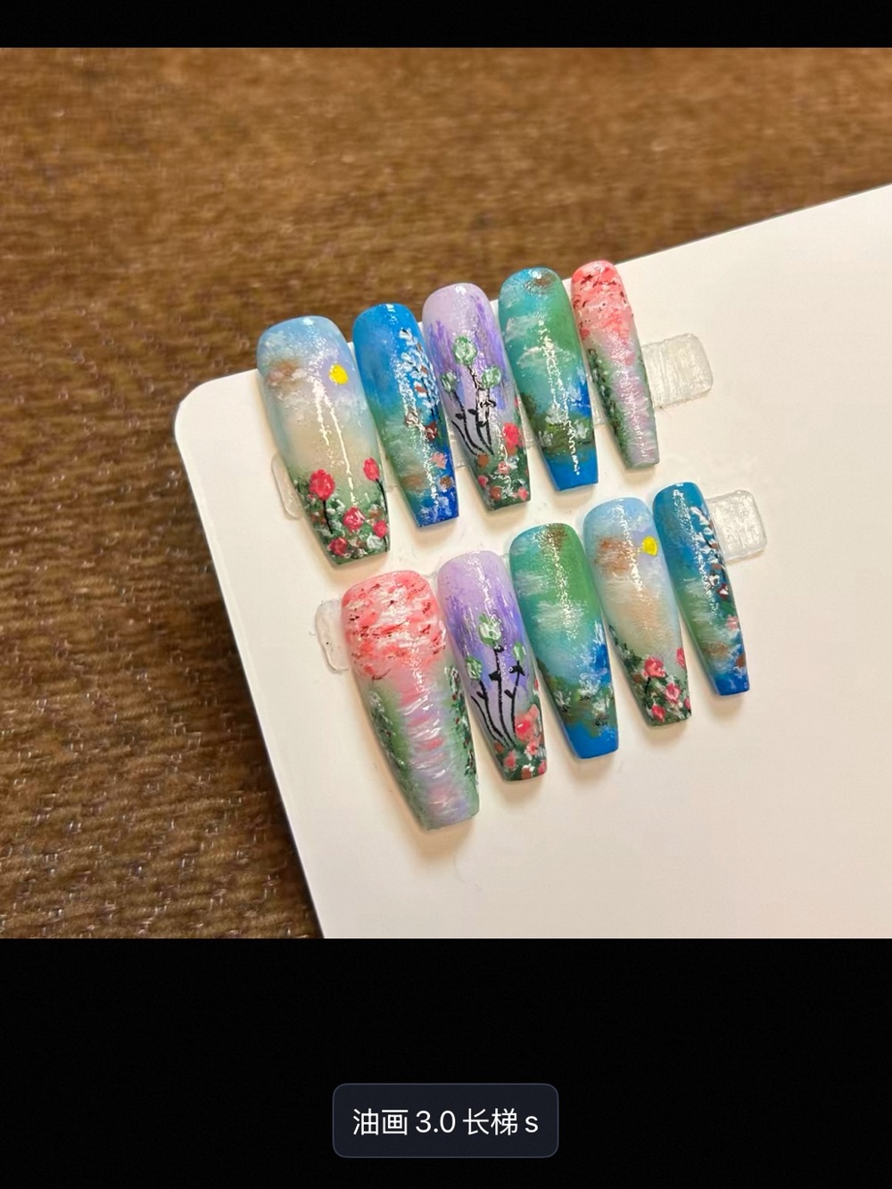 Hand-Painted Floral Press-On Nail Set in Pastel Blue, Green & Pink